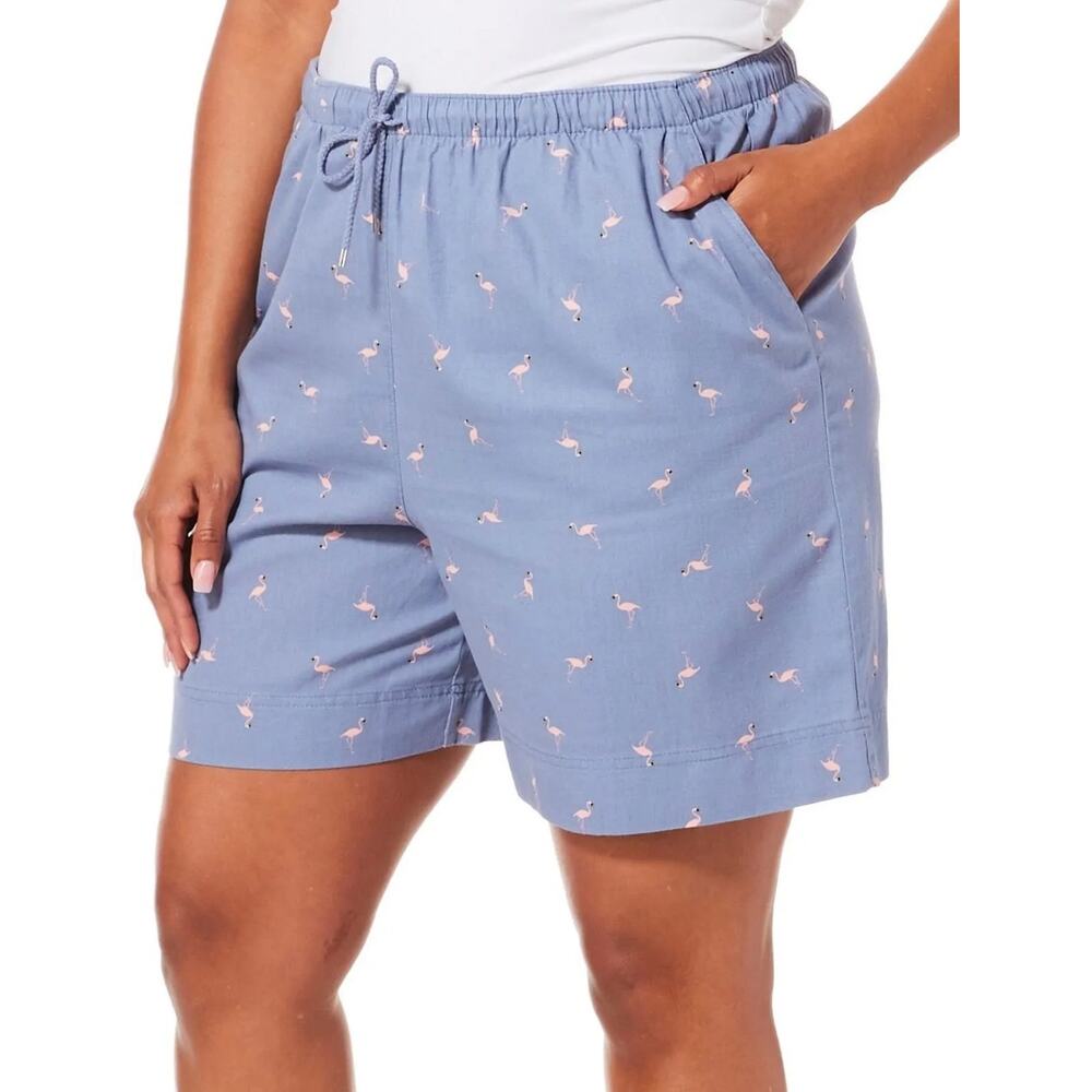 Coral Bay Womens Shorts Sz S Blue Twill Pink‎ Flamingos Drawstring Elastic Waist
